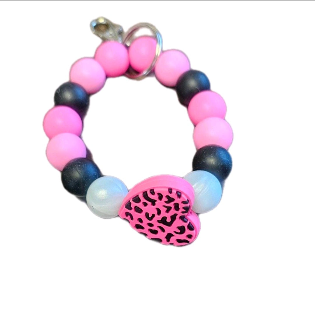 Heart Wristlet Keychain - Colorful Beads with Heart Shape, Keyring Attachment *LARGE*
