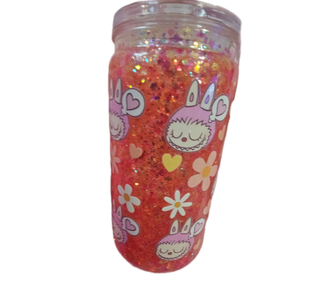 Acrylic Labubu Snowglobe Tumbler 16oz - Pink Glitter Design with Heart & Flower Patterns