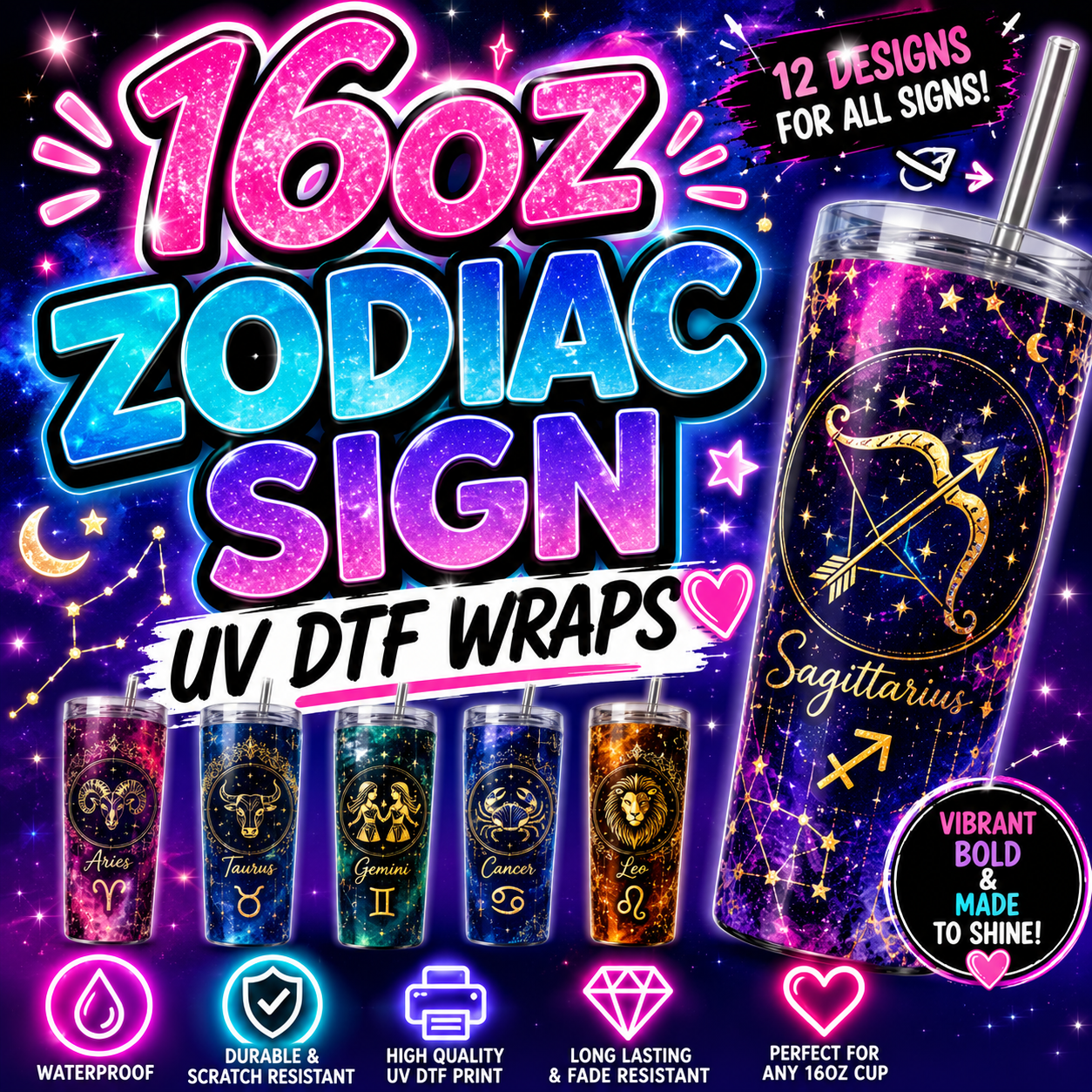16 oz uv dtf zodiac sign cup wraps