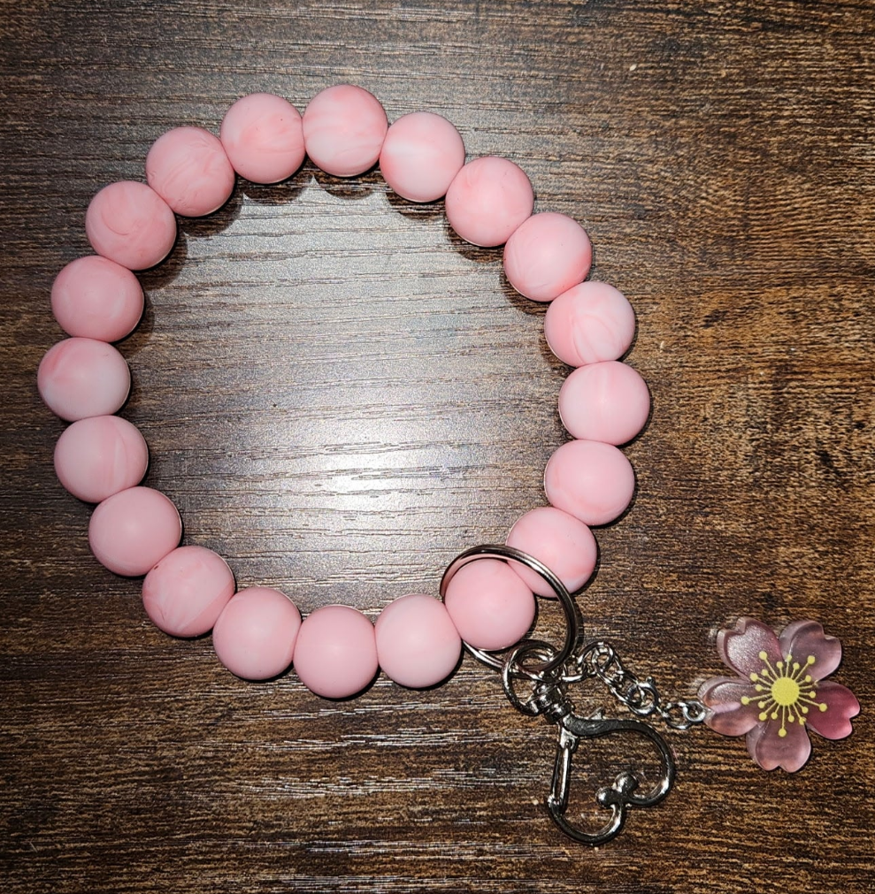 Pink 20 Bead Wristlet with a pink flower Charm and Heart Keychain - Pink Beads, Heart Shape Design, Keychain Attachment