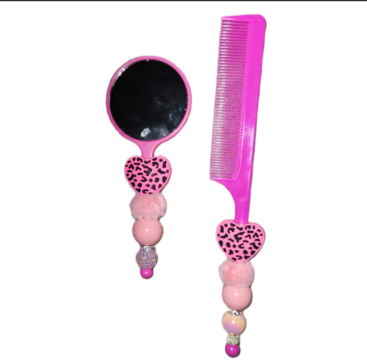 Beaded Mirror and Comb Combo with Decorative Beads and Heart Design, Pink Color
