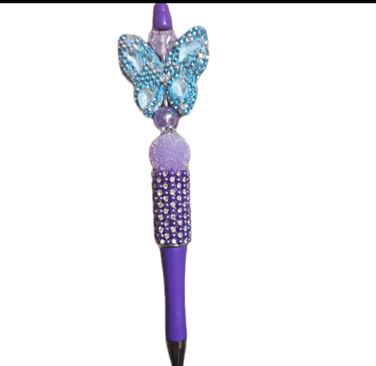 Fancy Beaded Butterfly Pen with Purple Body, Decorative Beads, and Blue Butterfly Design