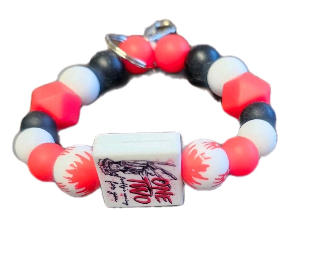 One, Two Freddie is Coming Focal Wristlet Keychain - Colorful Beads with Red and White Design, Includes Keychain Attachment * Large*