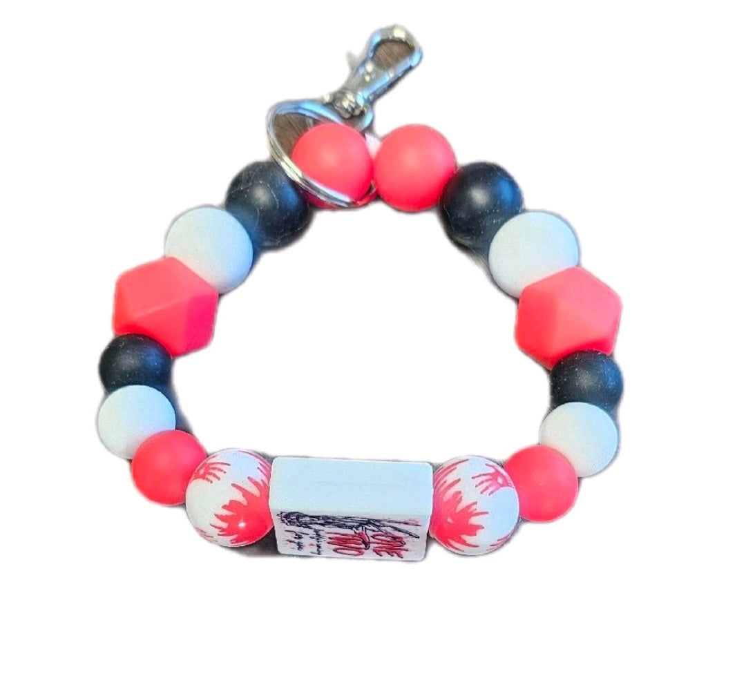 One, Two Freddie is Coming Focal Wristlet Keychain - Colorful Beads with Red and White Design, Includes Keychain Attachment * Large*