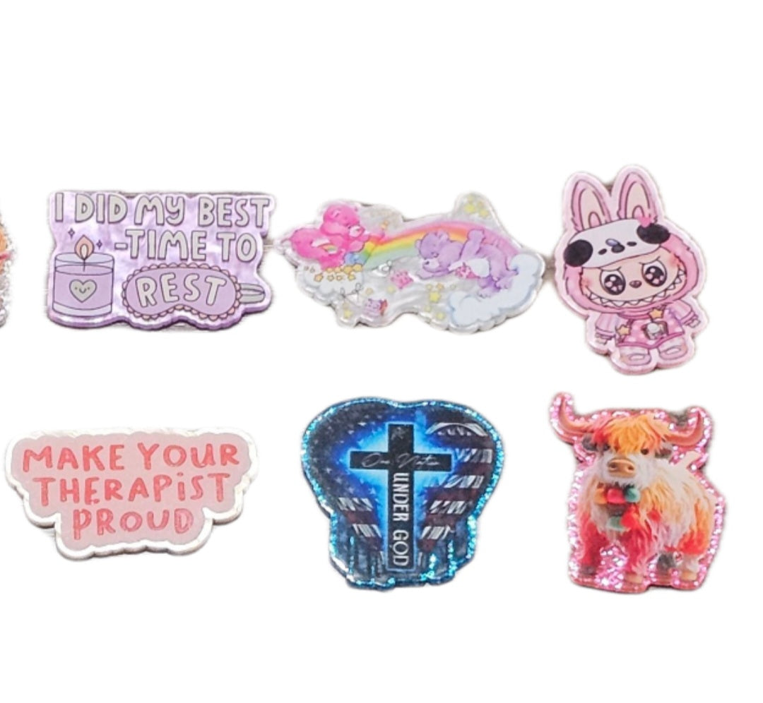 Acrylic Badge Real Toppers - Add-On Only - Features Cartoon Characters and Text