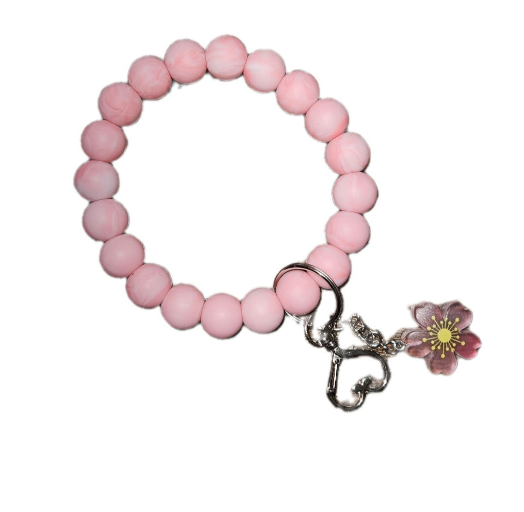 Pink 20 Bead Wristlet with a pink flower Charm and Heart Keychain - Pink Beads, Heart Shape Design, Keychain Attachment