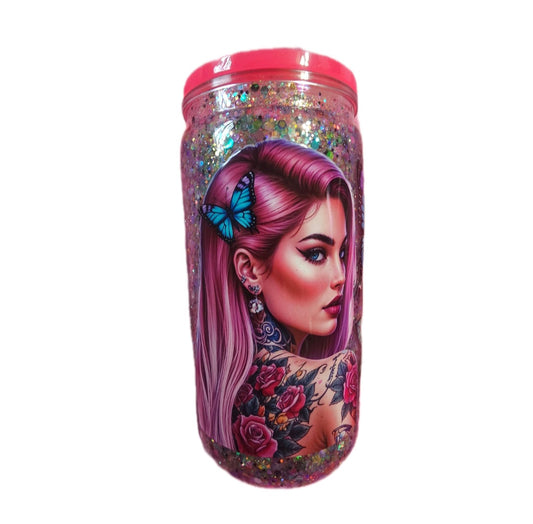 Beautiful 16oz Tattoo Girl style Snowglobe with Glitter and Floral