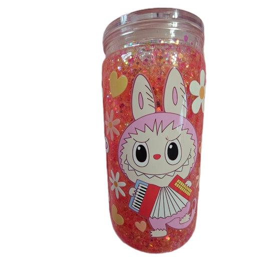 Acrylic Labubu Snowglobe Tumbler 16oz - Pink Glitter Design with Heart & Flower Patterns