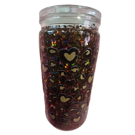 Acrylic Heart Animal Print Snowglobe Tumbler 16oz with Colorful Glitter Design