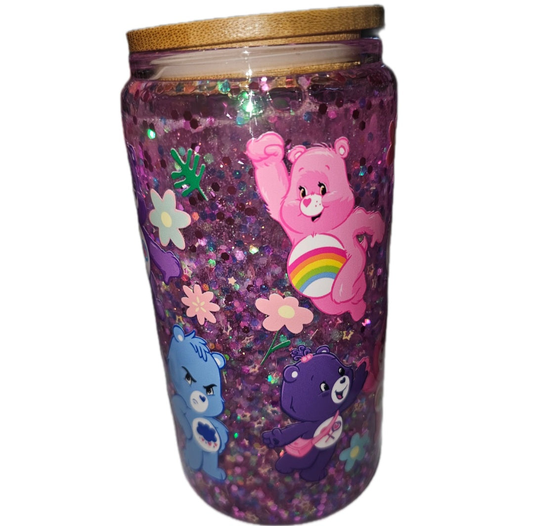 16OZ Glass Snowgobe cup with bamboo lid and straw🚨🚨discounted care bear🚨🚨
