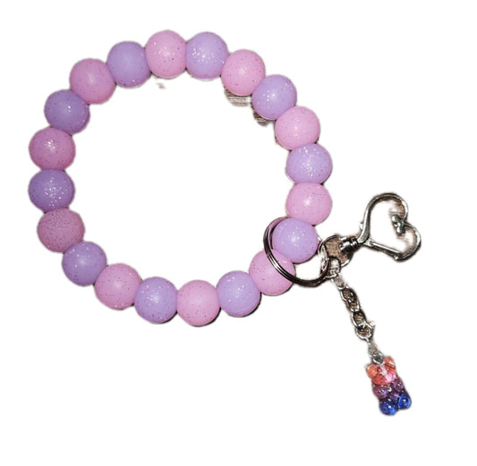 Pink and Purple 20 Bead Wristlet with Pink, Purple, and Blue Beads, Pink, purple, and blue bear charm. Heart Shape Design, Keychain Attachment, Keychain Attachment