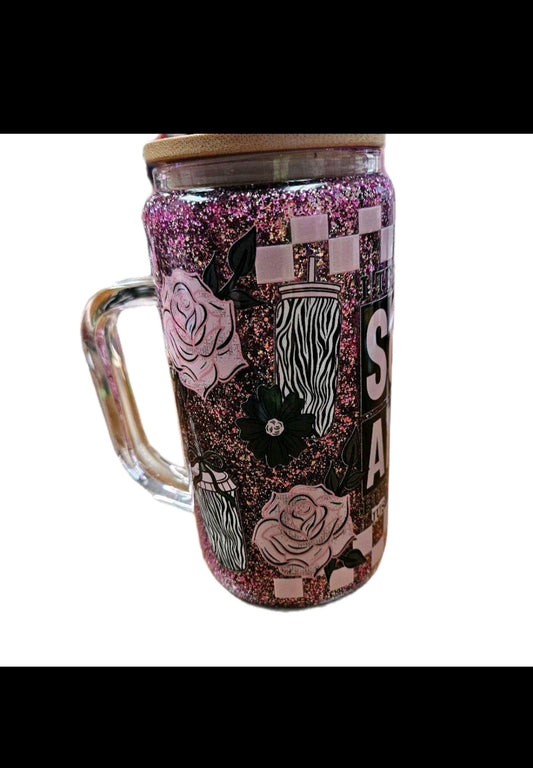 1- customizable 16oz glass snowglobe tumbler with handle