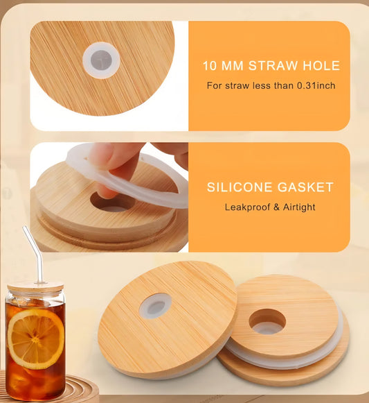 Bamboo Lid for 16oz Glass Cup with 10mm Straw Hole & Silicone Gasket Leakproof Airtight Design. Comes with straw and straw cleaner.