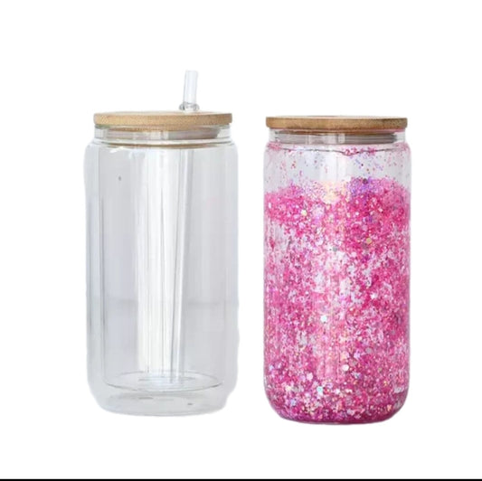 16OZ Glass Snowgobe cup with bamboo lid and straw