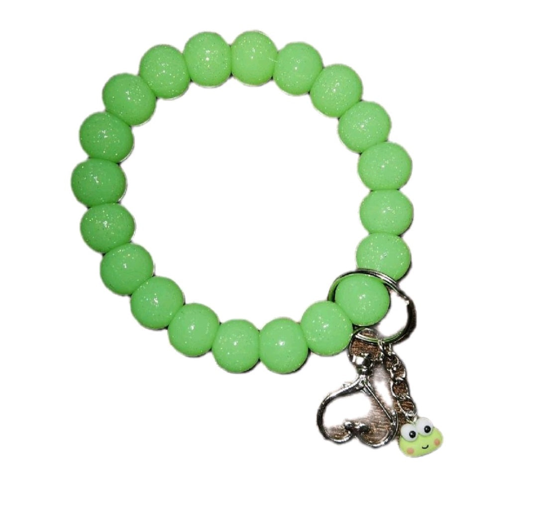 Green 20 Bead Wristlet with Frog Charm and Heart Keychain - Green Beads, Heart Shape Design, Keychain Attachment