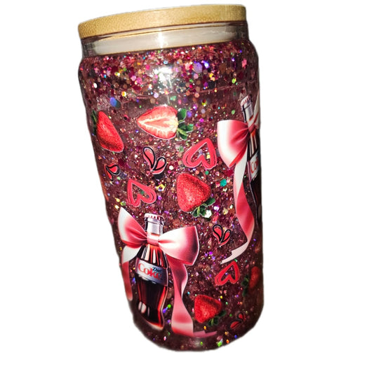16OZ Glass Snowgobe cup with bamboo lid and straw. Diet coke