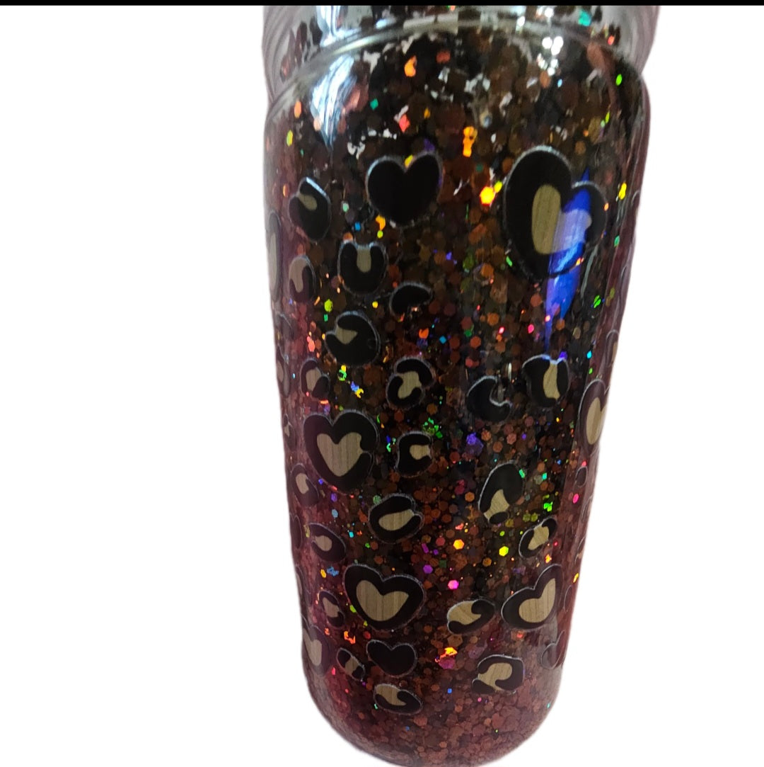Acrylic Heart Animal Print Snowglobe Tumbler 16oz with Colorful Glitter Design