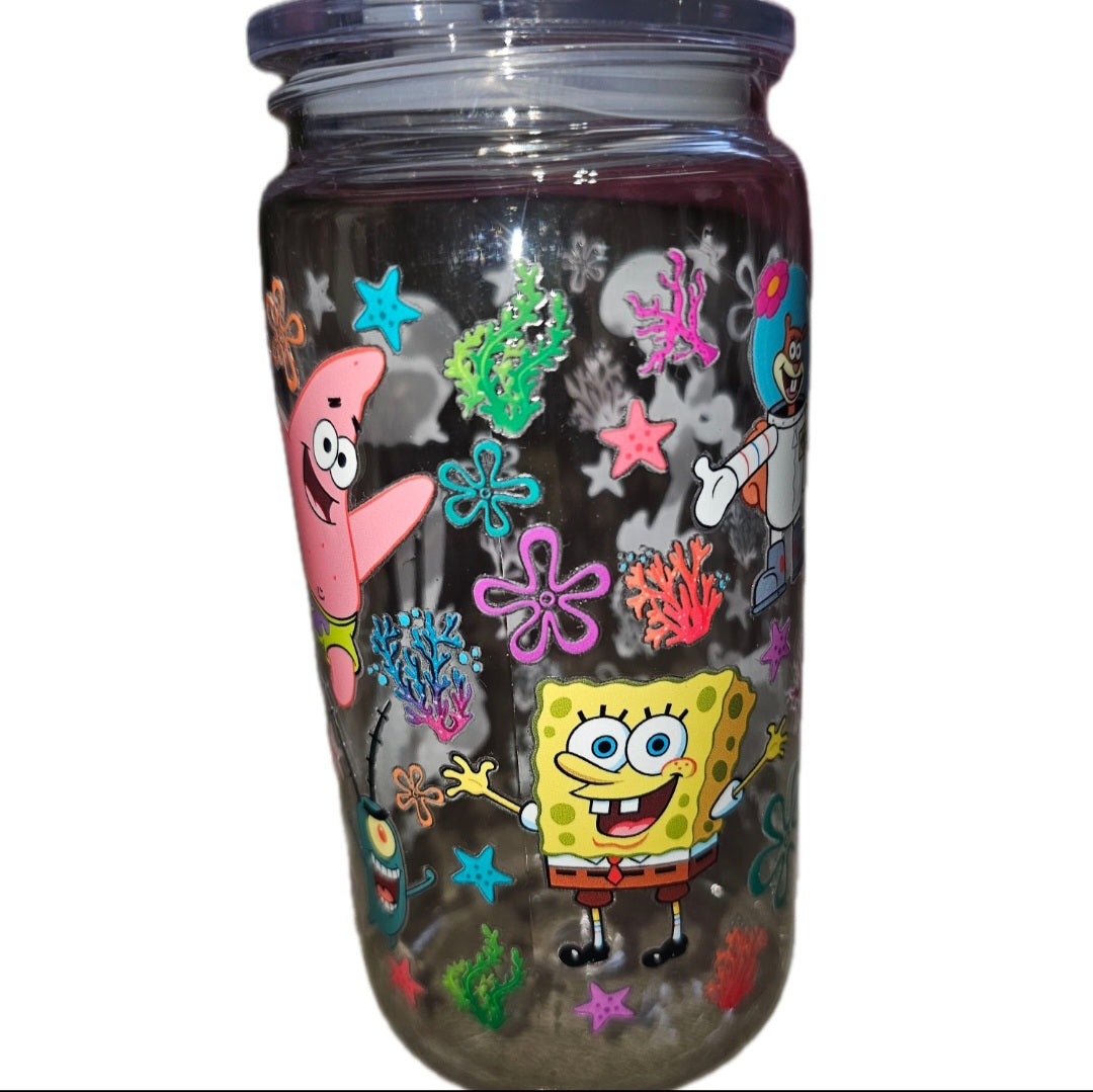 16oz double wall clear acrylic tumbler with wraps on them. non snowglobe. SpongeBob