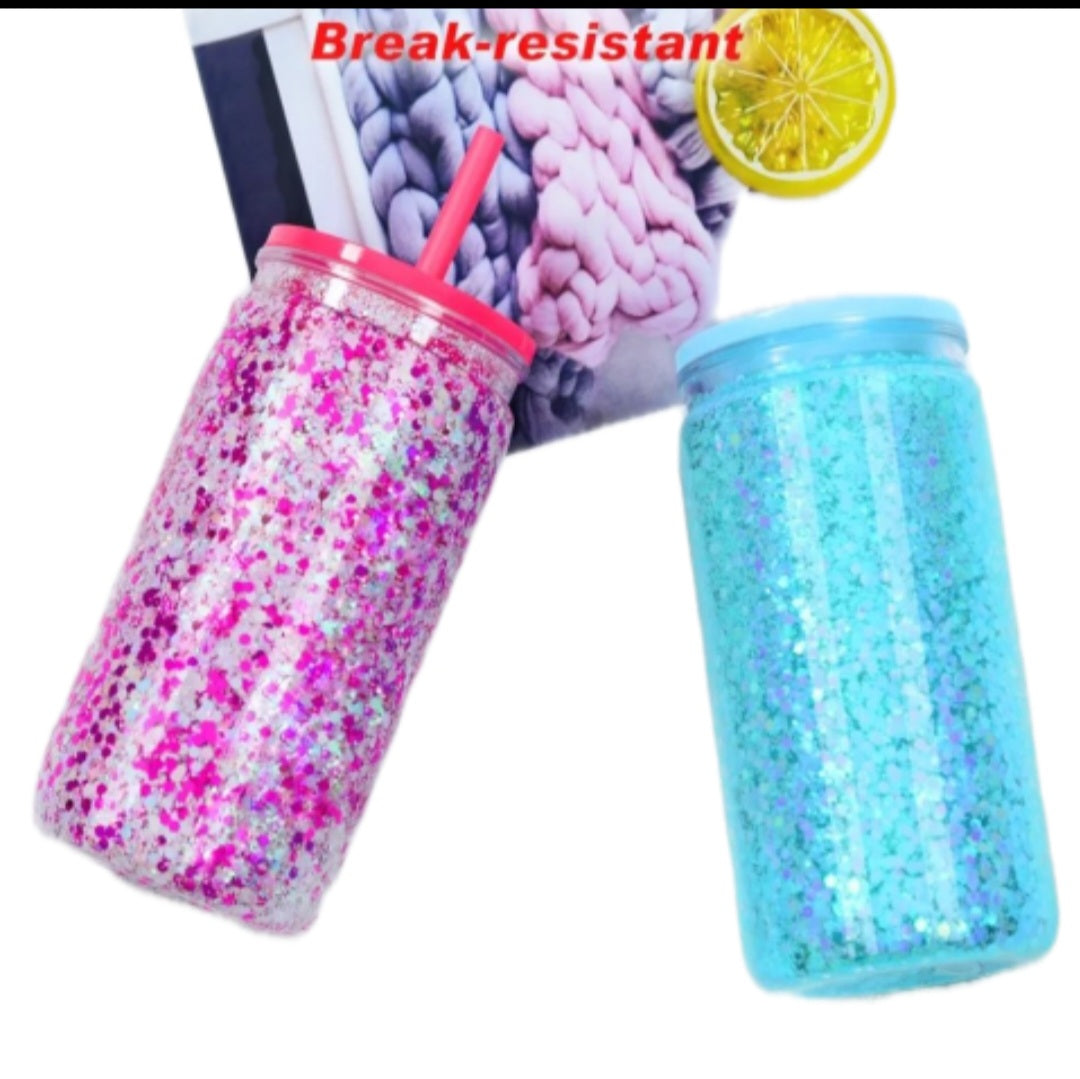 16oz double wall clear acrylic snowglobe tumbler with clear lid and straw